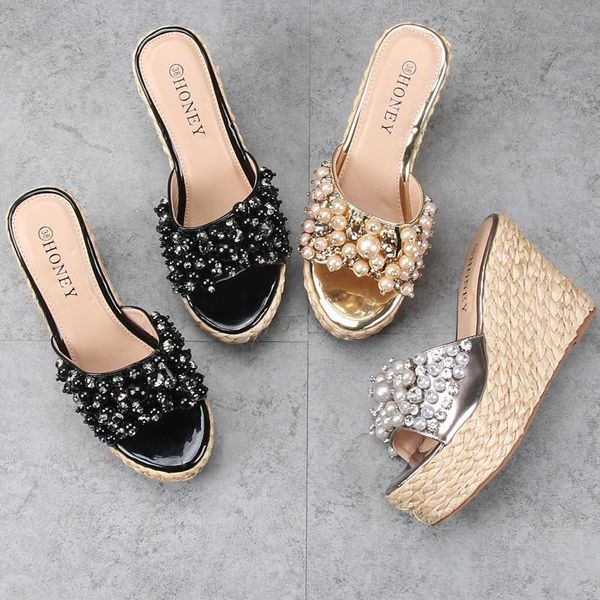 

slippers on a wedge women summer high-heeled shoes lady pantofle slides string bead 2021 rubber bonded leather pu super high-hee, Black