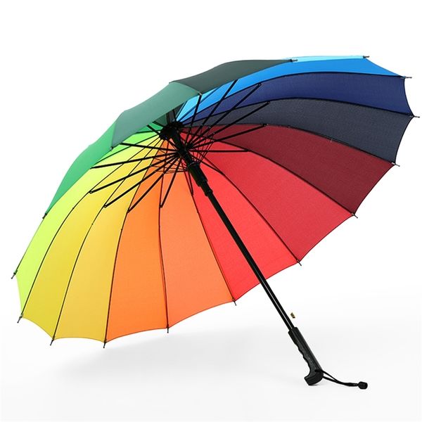 Venda Rainbow guarda-chuva chuva mulheres colorido longo alça S 16K à prova de vento luz de viagem Guarda Chuva Golf Clear 210721