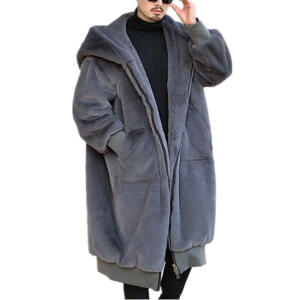 

men's fur & faux winter men furs coat jackets long sleeve black gray with hooded jacket loose casual outwear for man