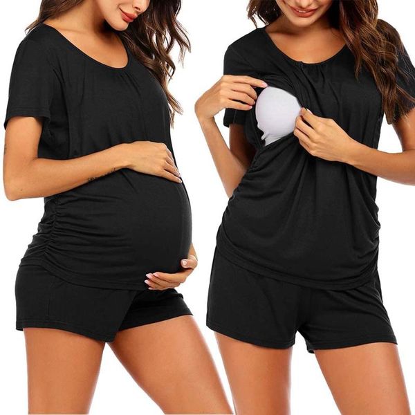 

women's t-shirt maternity clothes solid color women short sleeve nursing baby t-shirt+shorts pajamas set plus size, White