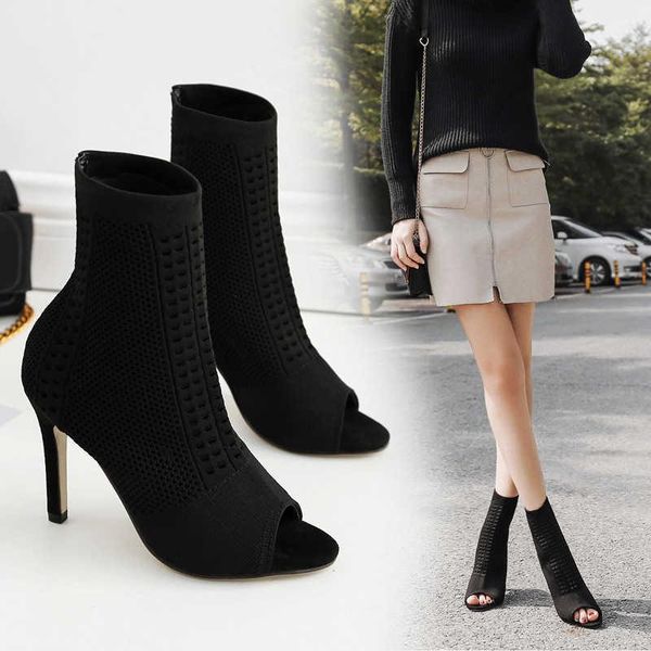 

boots 2021 spring and autumn fashion high heel short socks knitted thin fish mouth women's cool, Black