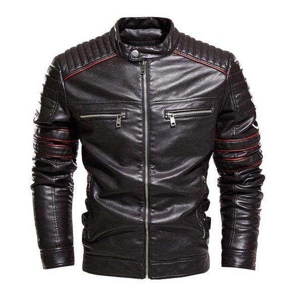 

men's fur & faux kiovno men pu leather jacket coats fleece lined motorcycle slim jackets outwear male windbreak multi pockets, Black