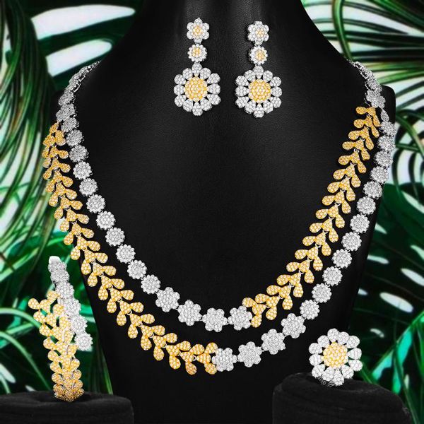 

earrings & necklace blachette big fashion luxury 2 layers flower naija jewelry set for women girl wedding african cubic zircon dubai bridal, Silver