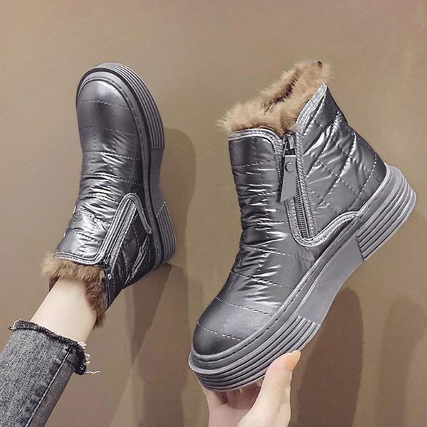 

boots 2021 women zipper warm fur snow pu leather plush shoes fashion casual waterproof platform footwear female ankle booties, Black