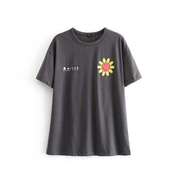 

t shirt spring 2021 women's smiley face floral round neck casual, White