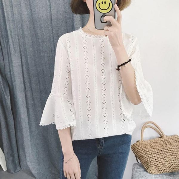 

fashion korean lace blouse shirts women fresh o neck floral hollow out flare sleeve basic blusas student patchwork loose women's blous, White