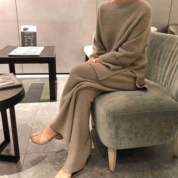 

fashion winter women's thicken warm knitted pullover sweater two-piece suits +high waist loose wide leg pants set 210709, White