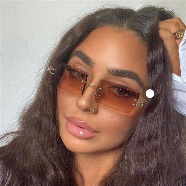 

rimless rectangle womens sunglasses 2021 brown tinted lens sun glasses fashion square shades gradient eyewear, White;black