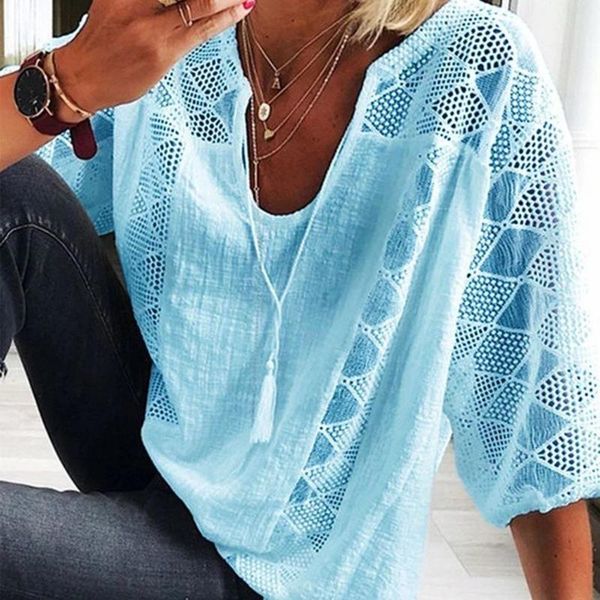 

women's blouses & shirts vintage bohemian summer shirt pure color v-neck lace-up hollow out lace 3/4 sleeves blouse, White