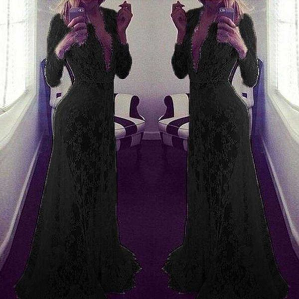 

white deep v-neck long sleeve perspective tight tailed jumpsuit long skirt lace, Black;pink