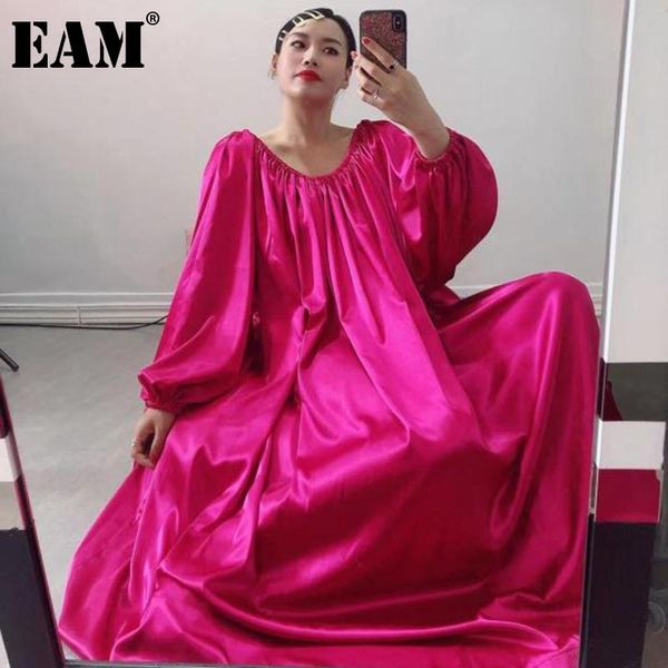 

casual dresses [eam] women rose red big size long elegant dress slash neck sleeve loose fit fashion tide spring autumn 2021 1de1023, Black;gray