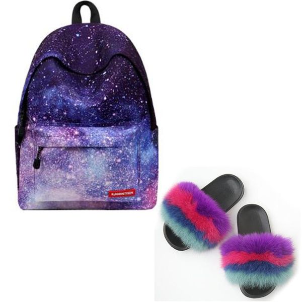 

women shoes real fur slides and bags comfortable furry slippers backpack sets summer extra fluffy sandals handbags, Black
