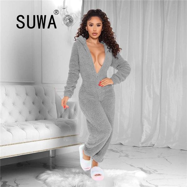 

warm plush fluffy casual one piece overalls for women deep v neck long sleeve hooded jumpsuits autumn winter loose home outifts women's, Black;white