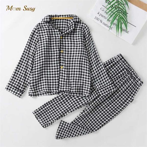 Baby Girl Boy Plaid Pigiama Vestiti Set Cotone Cappotto + Pantalone 2 PZ Primavera Autunno Infantile Bambino Salotto Vestito Casa 1-7Y 211109