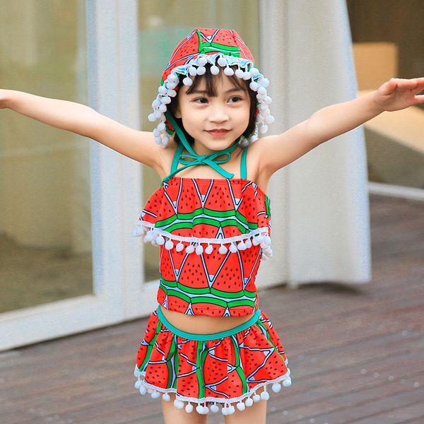 

Bikini Children's Swimsuit NEW CUTE middle and small girls' three piece suit with swimming cap, White;black