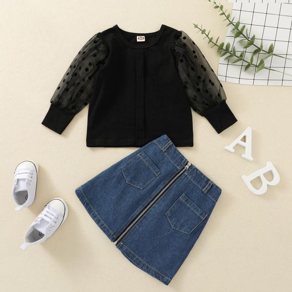 

clothing sets 1-6y fashion kids girls outfit polka dot printed mesh puff sleeve t shirts denim zipper skirt child 2pcs, White