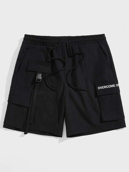 

men letter graphic flap pocket buckled drawstring waist shorts h20j#, Black