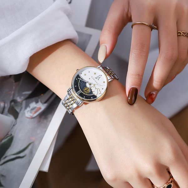 

brand women gift fashion quartz wristwatch relogio feminino ladies luxury rose gold watch female moon phase wristwatches, Slivery;brown
