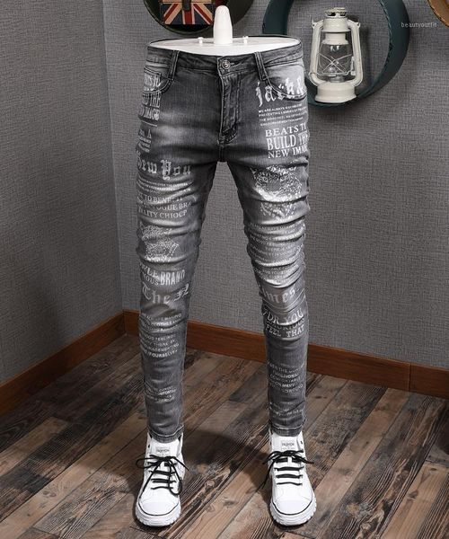 

autumn black gray jeans men's slim-fit stretch tight skinny pants korean style trendy brand washed printed denim, Blue