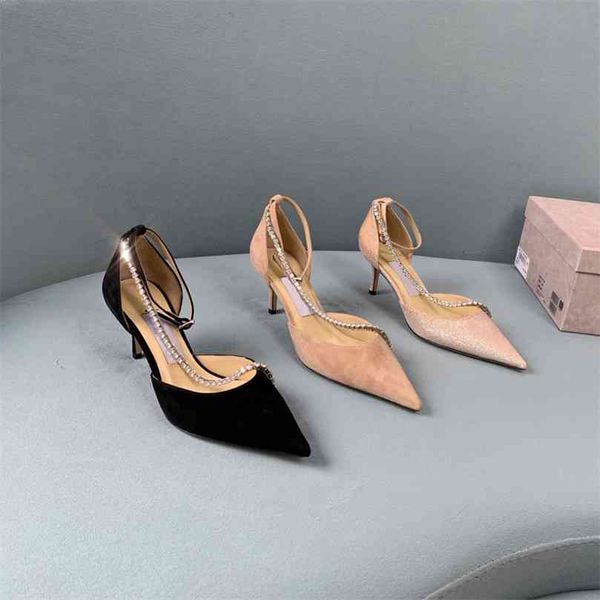 

2021 same high edition biblical suede crystal chain with side hollow pointed flat sole high heel single shoes for women yw is9b, Black