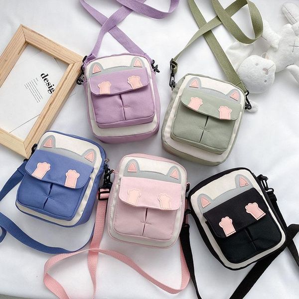 

evening bags korean fashion small square bag 2021 cute cat student one-shoulder casual canvas messenger mobile phone package all-match1