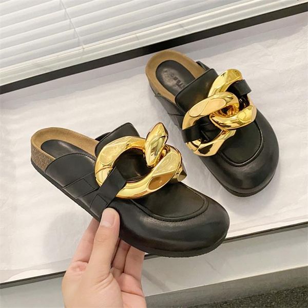 

2021 baotou slippers new metal chain wear flat sandals women's leisure women's sandals, Black