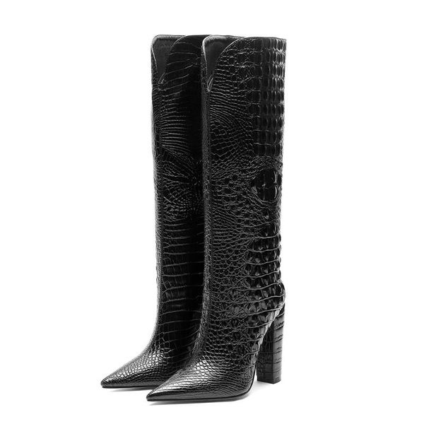 

boots wide calf knee high pointed toe crocodile pattern block heel shoes, Black