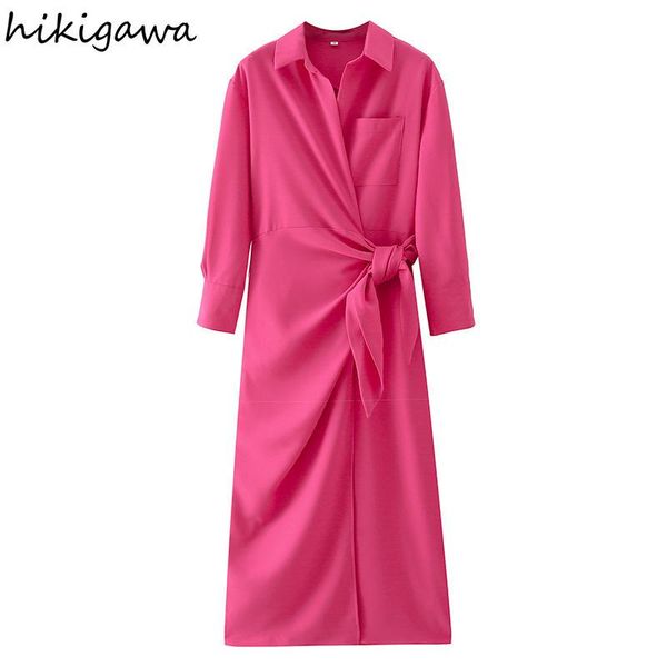 

casual dresses hikigawa robes autumn fashion turn down collar long sleeve lace up woman dress solid high waist slim elegant vestidos, Black;gray