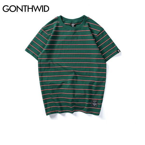 Gonthwid Harajuku Stripe Camiseta Homens / Mulheres Hip Hop Algodão Casual Manga Curta Tops Tees Moda de Verão Tshirts Preto Vermelho Rosa Y0322