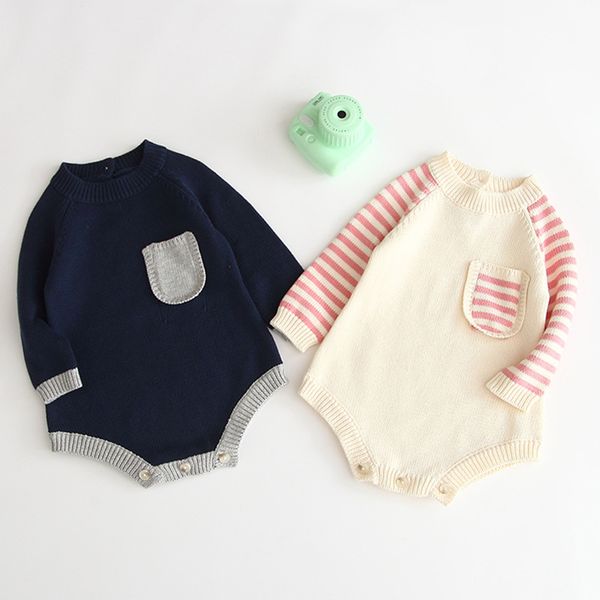 

autumn winter baby girl pocket stripe rompers long sleeves born 210429, Blue