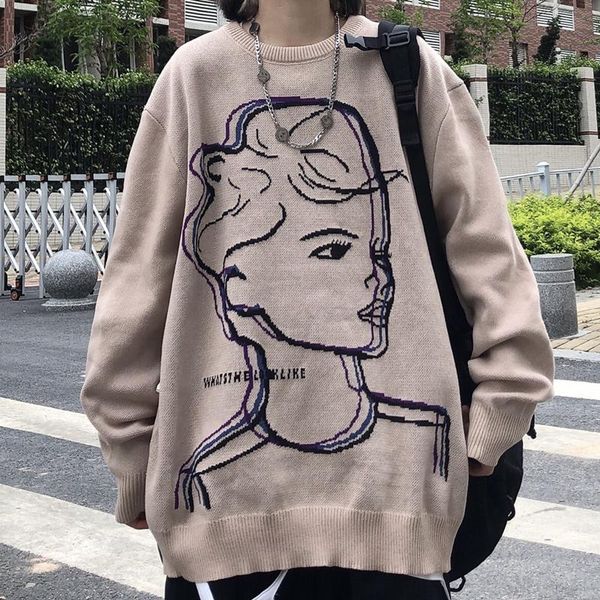 

women's sweaters winter streetwear women sweater vintage character avatar jacquard jumper femme casual baggy knit pullover jersey muje, White;black