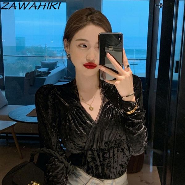 

women's blouses & shirts zawahiki black for women autumn and winter v neck solid blusa mujer elegant retro slim stitching lace long sle, White