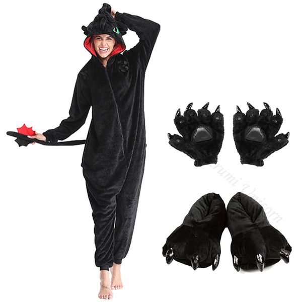 

2021dinosaur kigurumi unicorn black onesie winter pajama anime train your fury sleepwear zipper suit toothless dragon, Black;red