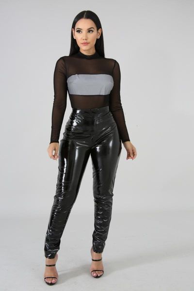 

women's two piece pants mesh patchwork reflective women set perspective o neck crop with pu night club suit female, White