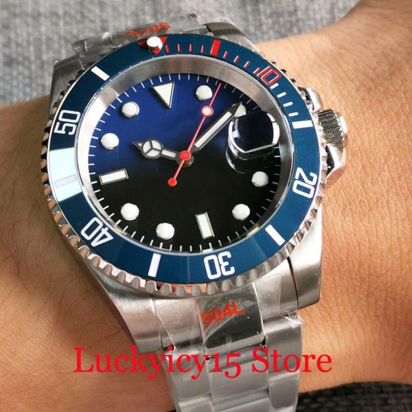 

wristwatches black blue gradient dial sub men watch nh35a movement red second hand polish oyster strap glidde lock 10 bar waterproof, Slivery;brown