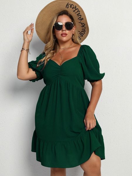 

plus solid flounce hem sweetheart neck dress f0fb#, Black