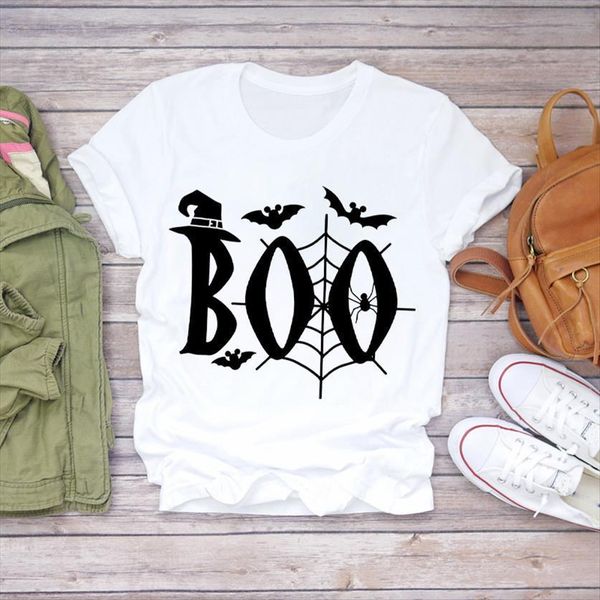 

boo spider printing 90s women t shirts cute fall autumn print graphic female tee, White