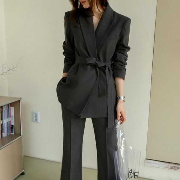 

chic 2 piece sets pant suits woman notched collar blazer jacket high waist pants casual office wear suit women's two, White