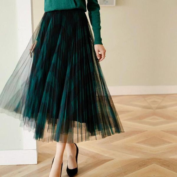 

skirts peonfly elegant a line high waist pleated maxi skirt women fashion 2021 green red long plaid tutu tulle female ladies, Black