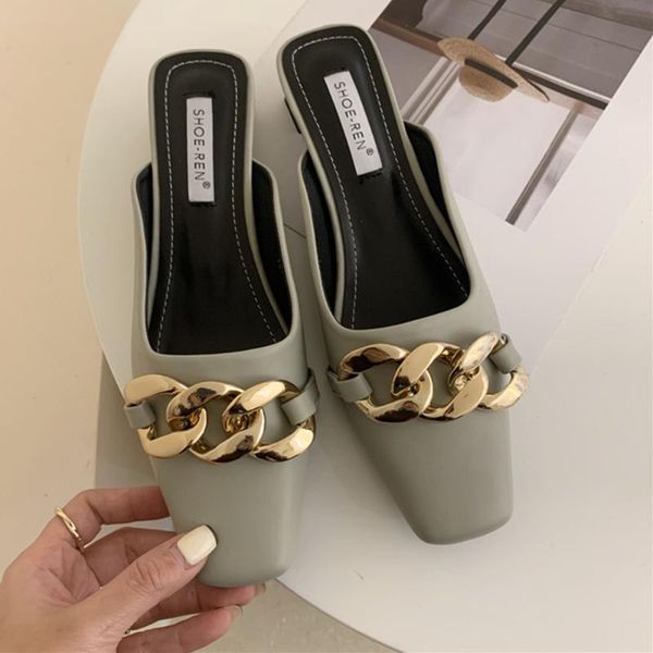 

termainoov women sliders square toe chain fashion slippers dress shoes retro beach street sandal, Black