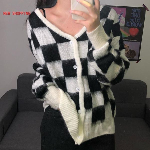 

women's knits & tees spring fashion checkerboard plaid cardigan y2k long sleeve loose v-neck sweater coat women autumn vintage colorblo, White
