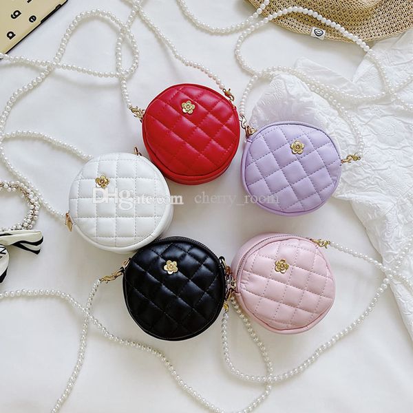 

children designe handbag cute baby girls pearl chain small round bag purse kids princess rhombus pu messenger bag fashion casual one shoulde, Black