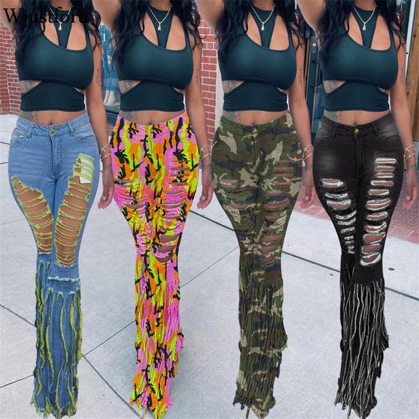 

women's pants & capris wjustforu ripped tassel jeans women skinny nightclub clothes casual button streetwear fashion high waist flare, Black;white