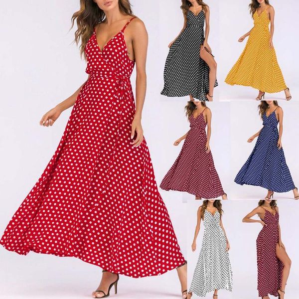 

women summer strap v neck polka dot floral print a-line button down casual sleeveless slit maxi dresses, Black;gray