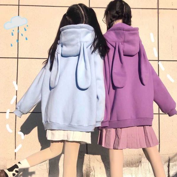 Hoodies Mulheres Moletom Moletom And Winter College Girl Soft Soft Soft Rabbit Rabbit Ears Estudante Solto Sello Sweater Casaco 210526