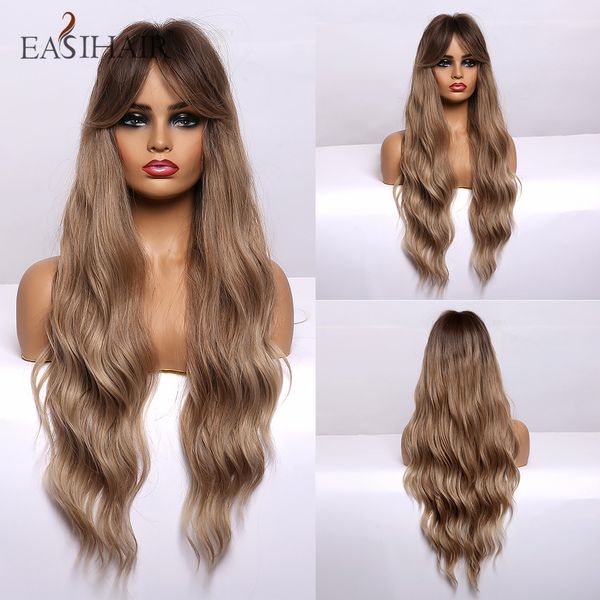 

long body wavy brown ombre synthetic wigs women natural wavy hair wig cosplay wigs with bangs heat resistant wigs, Black