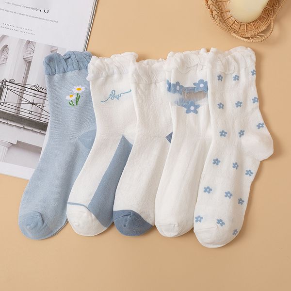 

hosiery socks children lace middle tube summer thin mh socks sweet floret card stockings breathable, Black;white