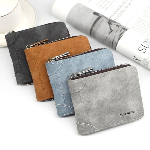 

men wallet short multi-function pu leather 2021 2-fold bag zipper coin purse young student retro frosted clutch card holder wallets, Red;black