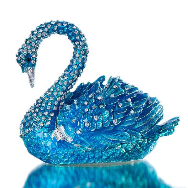 HD Elegante blaue Schwan-Schmuckkästchen-Aufbewahrungsbox, Ornament, Kristalle, aufklappbare Figur, zum Sammeln, mit Schmucksteinen besetzter Ringhalter, Hochzeitsbevorzugungen 210804