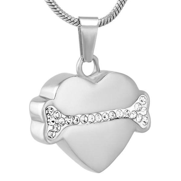 

mjd9722 crystal bone in heart memorial pet ashes holder keepsake cremation urns jewelry with fill kit + 20 inch chain pendant necklaces, Silver